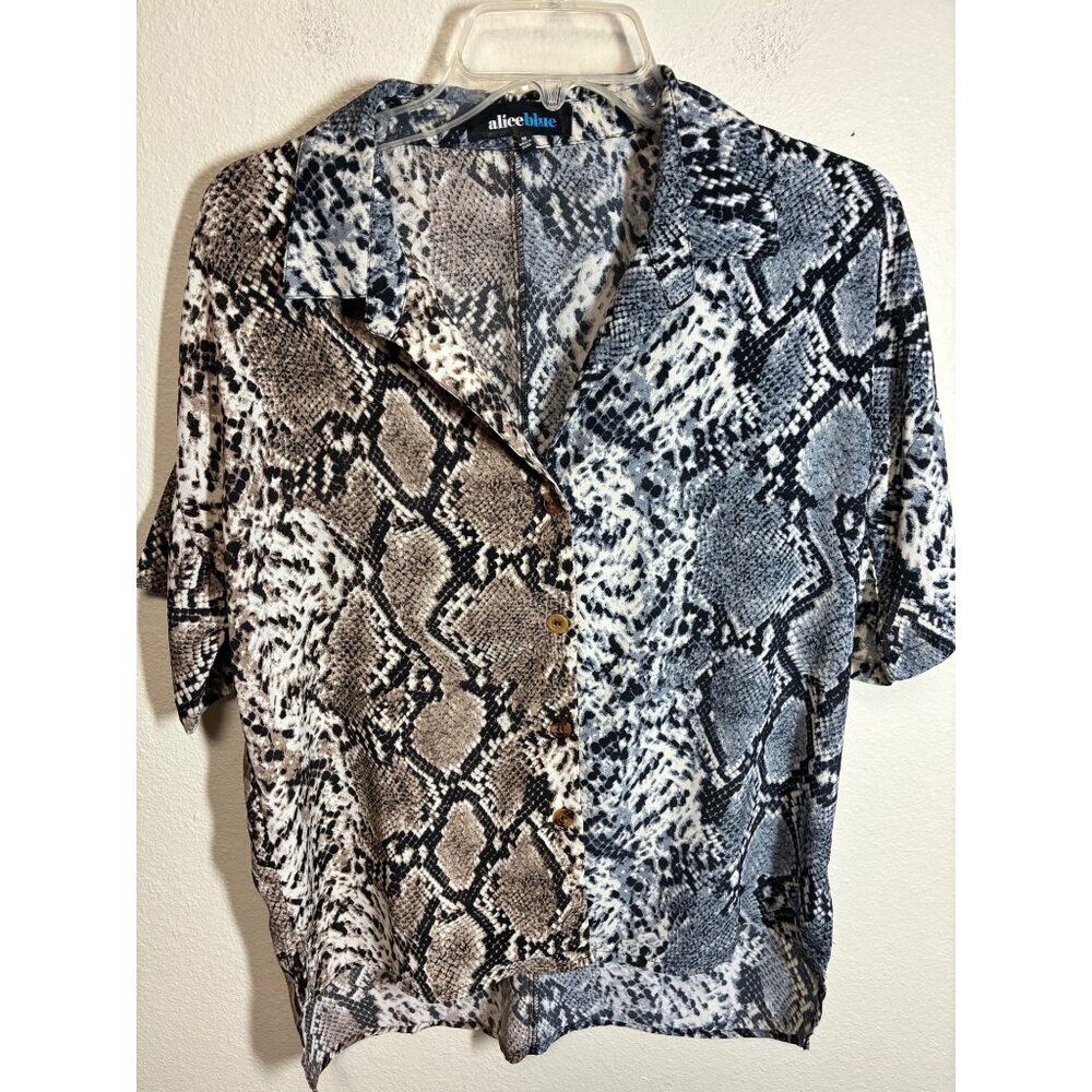 Alice Blue Blouse Business Casual Button Up Snake Animal Prnt Black Brown Medium